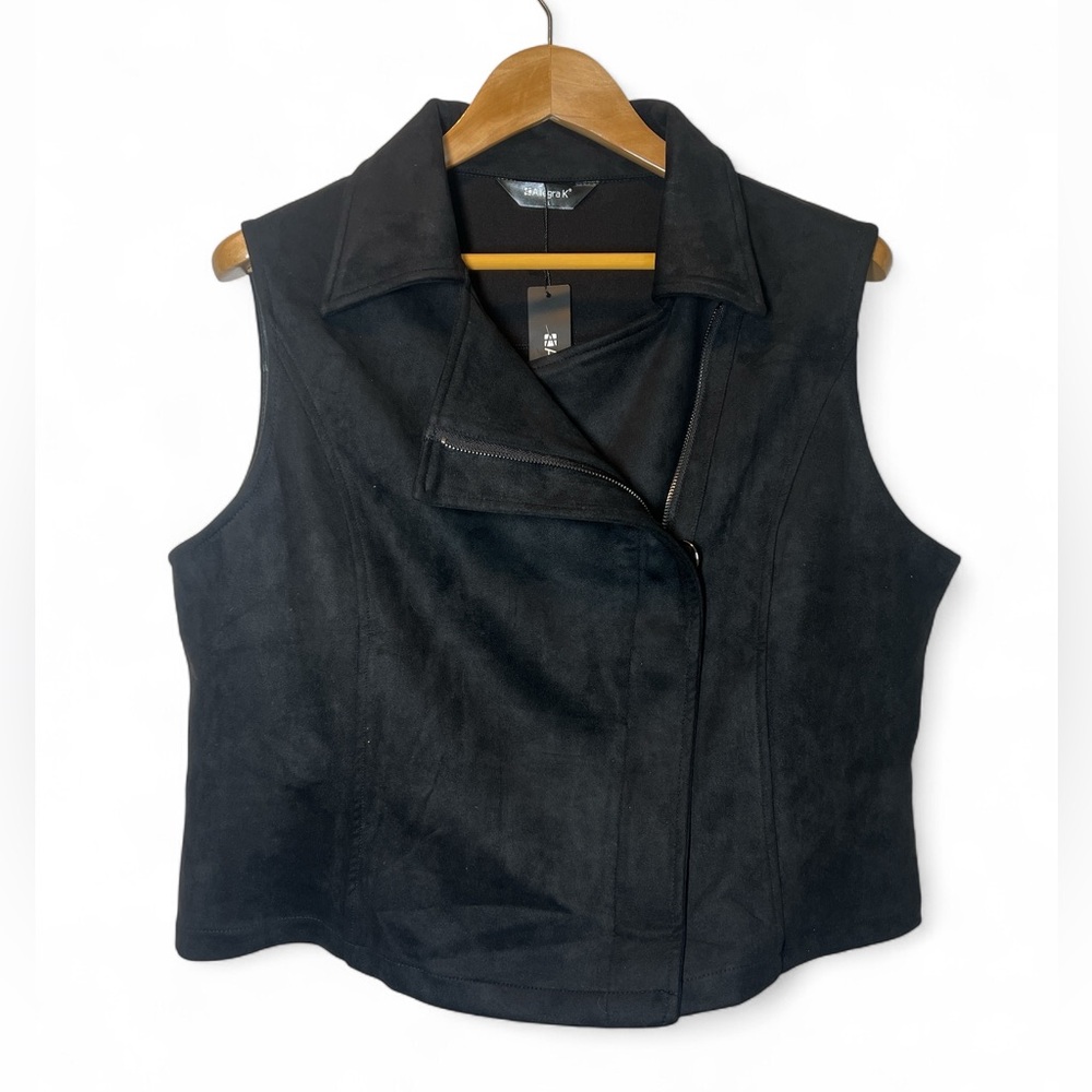 Allegra K Women Faux Suede Sleeveless Biker Short Zip Vest Black XL Chic Moto‎